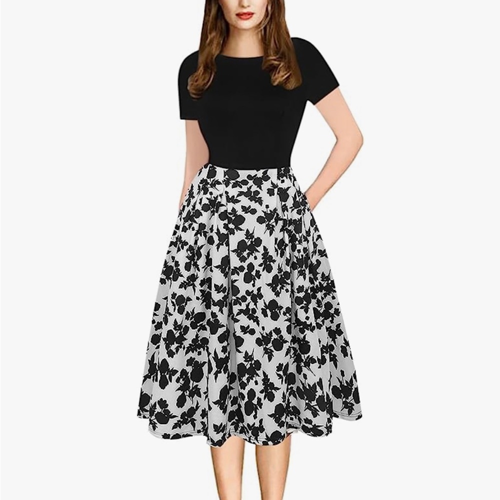 NWT Women's Casual Party Dress Pockets Puffy Swing Black & White MSRP $51